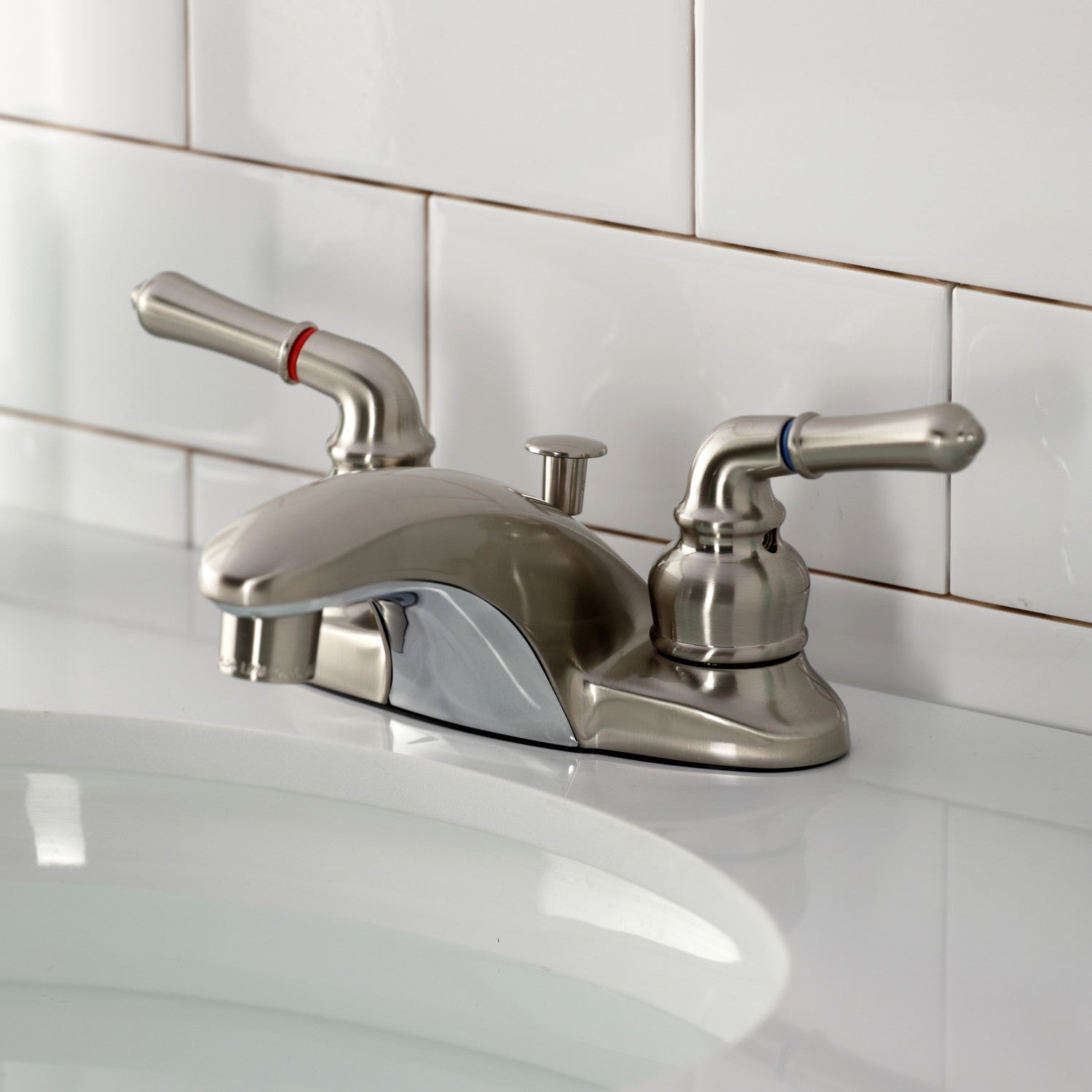 Kingston Tulare GKB628 - Magellan Double-Handle 3-Hole Deck Mount 4-Inch Centerset Bathroom Faucet with Pop-Up Drain, Brushed Nickel — thumbnail 3